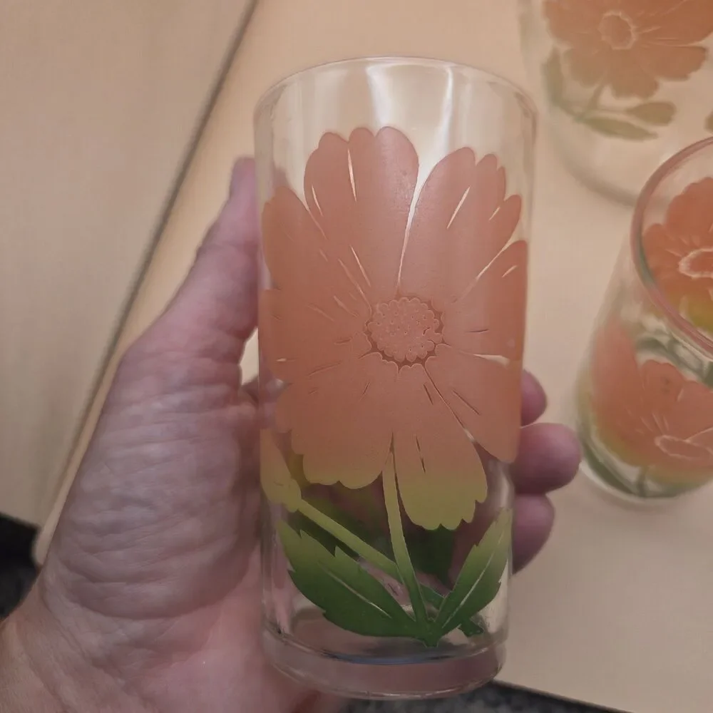 Clear Glass 1 Qt Pitcher & 3 Tumblers 4pc Set Orange Green Floral MCM Decor